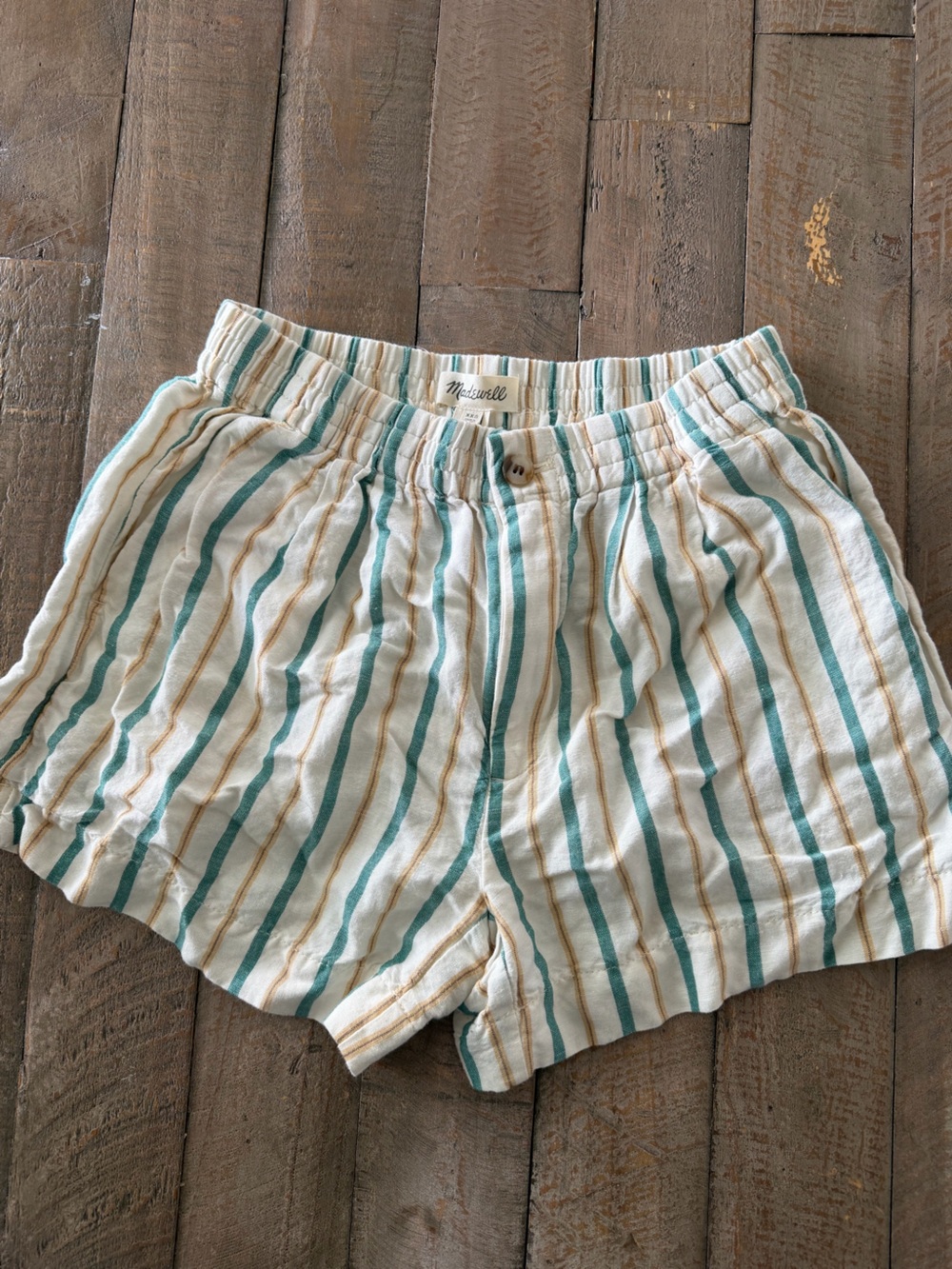 Madewell Linen Blend Cream Shorts with Green & Tan Stripes